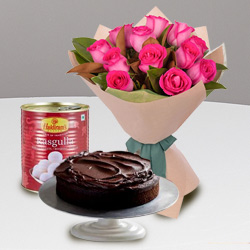 12 Red Roses and Haldiram Rasgulla with Eggless Ca...
