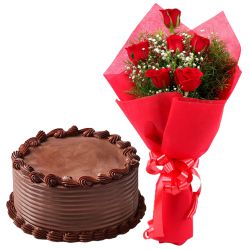 Expressive Red Roses Bouquet with Chocolate Cake...
