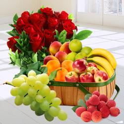 Premium Fresh Fruits Gift Basket with Red Rose Bou...