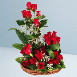 Flowering Basket Arrangement of 25 Dutch Red Roses...