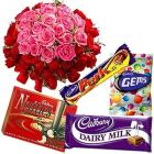 Divine Cadburys Chocs with Notes of Cream and 50 Pink and Red Roses Divine Cadburys Chocs with Notes of Cream and 50 Pink and Red Roses