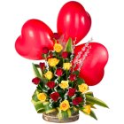 Spectacular 3 Red Heart Shaped Balloons and Flashy 20 Roses Arrangement Spectacular 3 Red Heart Shaped Balloons and Flashy 20 Roses Arrangement