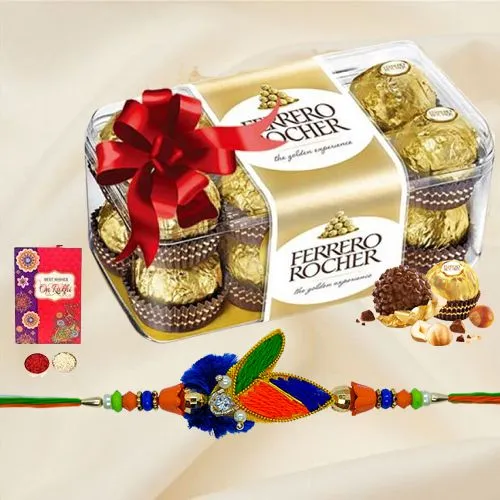 16 pcs Ferrero Rocher Chocolate Pack with Rakhi and Roli Tilak Chawal