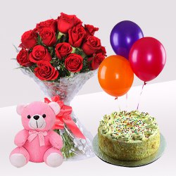 Exquisite Combo of Balloons with Small Teddy, Vanilla Cake & a Bouquet of Red Roses. Exquisite Combo of Balloons with Small Teddy, Vanilla Cake & a Bouquet of Red Roses.