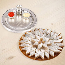 Delicious Haldiram's 1/2 Kg. Kaju Katli and 5-6 inch Silver Plated Puja Thali Delicious Haldiram's 1/2 Kg. Kaju Katli and 5-6 inch Silver Plated Puja Thali