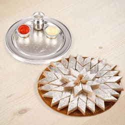 Silver Plated Thali with Haldiram Kaju Katli Silver Plated Thali with Haldiram Kaju Katli