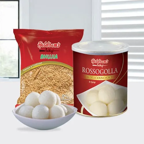 Haldiram Rasgulla with Bhujia from Haldiram