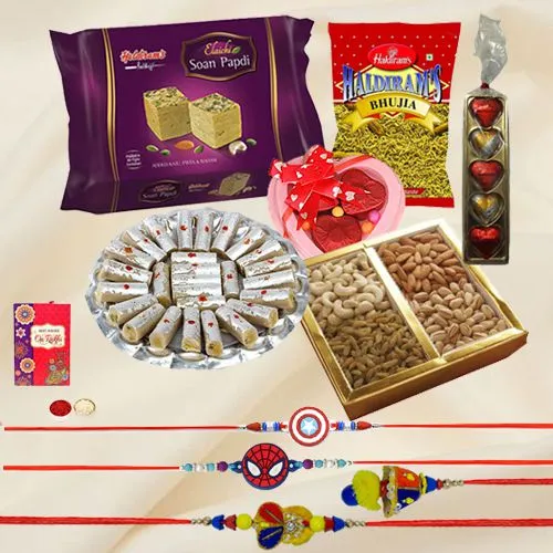 Fun-to-Much Ensemble from <font color=#FF0000>Haldiram</font> with Family Rakhi Set and Roli Tilak Chawal