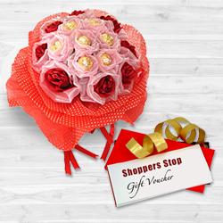 Mind Blowing Combo of Shoppers Stop Gift Voucher worth Rs.1000, Red Roses N 8 Pc. Ferrero Rocher Bouquet Mind Blowing Combo of Shoppers Stop Gift Voucher worth Rs.1000, Red Roses N 8 Pc. Ferrero Rocher Bouquet