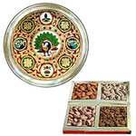 Holi Special Love and Concern with Meenakari styled Subh Labh Stainless Steel Thali with Assorted Dry Fruits Holi Special Love and Concern with Meenakari styled Subh Labh Stainless Steel Thali with Assorted Dry Fruits