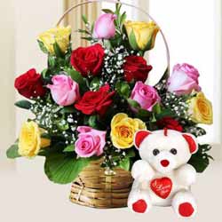 Eye-Catching Blooming Happiness 15 Mixed Roses with cute Teddy Bear Eye-Catching Blooming Happiness 15 Mixed Roses with cute Teddy Bear