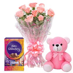 Dazzling Pink Rose Hand Bunch, Small Teddy with Mini Cadbury Celebration Dazzling Pink Rose Hand Bunch, Small Teddy with Mini Cadbury Celebration