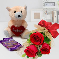 Ideal Small Teddy, Roses and Dairy Milk Silk Chocolate Bars Ideal Small Teddy, Roses and Dairy Milk Silk Chocolate Bars