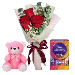 Robust Red Rose Hand Bunch, Cute Teddy and Cadbury Assortment Mini Pack Robust Red Rose Hand Bunch, Cute Teddy and Cadbury Assortment Mini Pack