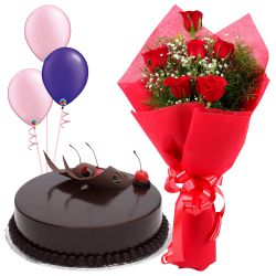 Wholesome Delicious 1/2 Kg Truffle Cake with 6 Red Roses Bunch and 3 Balloons Wholesome Delicious 1/2 Kg Truffle Cake with 6 Red Roses Bunch and 3 Balloons