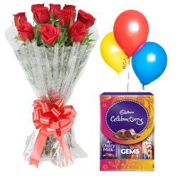 Magical Celebration with Red Roses Bouquet, Balloons and Cadbury Mini Pack Magical Celebration with Red Roses Bouquet, Balloons and Cadbury Mini Pack