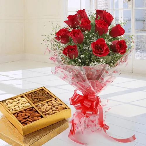 Book Red Roses Bouquet n Dry Fruits Online