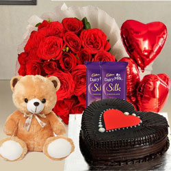 Breathtaking Red Roses, Chocolate Cake, Mylar Balloons, Chocolates and a Teddy Breathtaking Red Roses, Chocolate Cake, Mylar Balloons, Chocolates and a Teddy