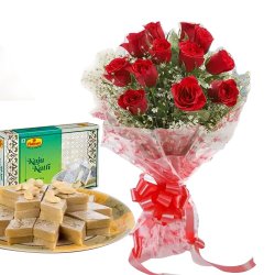 Enchanted Bouquet Made of Twelve Red Roses with Kaju Katli 250 Gms. Enchanted Bouquet Made of Twelve Red Roses with Kaju Katli 250 Gms.