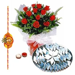 Delightful Set of Rakhi with Kaju Katli and Roses