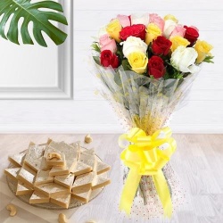 Charming assorted Roses with delicious Kaju Barfi delight Charming assorted Roses with delicious Kaju Barfi delight