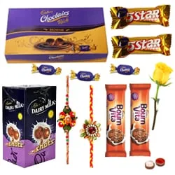 Cadburys Assorted Chocolates with 2 Rakhi with One Yellow Rose