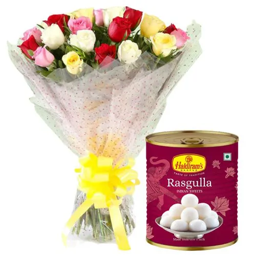 Online Mixed Roses with Haldirams Rasgulla