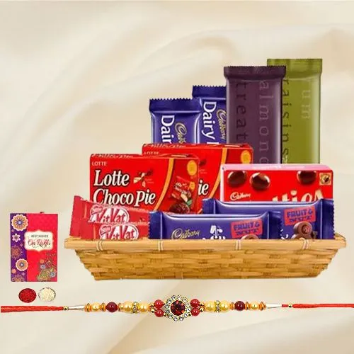 Gift Hamper of Tasty Chocolate with 1 Rakhi, Roli, Tilak and Chawal