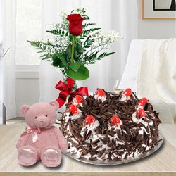 Garnished 1 Lb Black Forest Cake with Single Red Rose and a Small Teddy Bear Garnished 1 Lb Black Forest Cake with Single Red Rose and a Small Teddy Bear