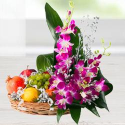 Premium Bamboo Basket Filled with Flowers and 2 Kg. Fruits Premium Bamboo Basket Filled with Flowers and 2 Kg. Fruits