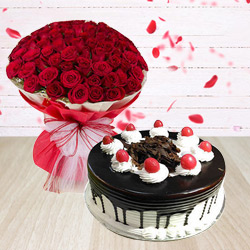 Fashionable 50 Red Roses Arrangement with 1/2 Kg Black Forest Cake Fashionable 50 Red Roses Arrangement with 1/2 Kg Black Forest Cake