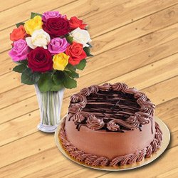 Extravagant Chocolate Cake with Mixed Flowers Bouquet in Vase Extravagant Chocolate Cake with Mixed Flowers Bouquet in Vase