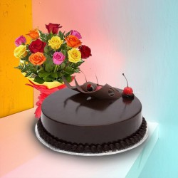 Stylish 12 Mixed Roses with 1/2 Kg Chocolate Cake Stylish 12 Mixed Roses with 1/2 Kg Chocolate Cake