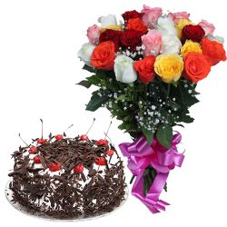Chromatic mixed Roses bunch with mouthwatering Black Forest Cake Chromatic mixed Roses bunch with mouthwatering Black Forest Cake