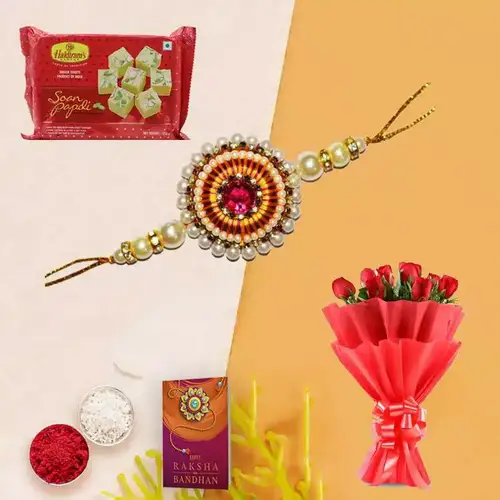 Rakhi with  Red Roses n  Soan Papri