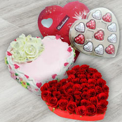 Exciting 24 Red Roses, Heart Shaped Chocolate Box and 1 Lb Heart Shaped Cake Exciting 24 Red Roses, Heart Shaped Chocolate Box and 1 Lb Heart Shaped Cake