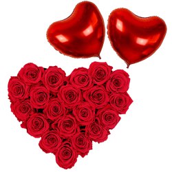 Dutch Red Roses in Heart Shape Arrangement with 2 Heart Shape Balloons Dutch Red Roses in Heart Shape Arrangement with 2 Heart Shape Balloons
