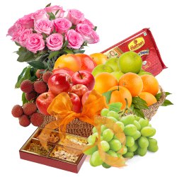 Tantalizing Fresh Fruits-Haldiram Soan Papdi Basket Hamper with Rose Bouquet Tantalizing Fresh Fruits-Haldiram Soan Papdi Basket Hamper with Rose Bouquet