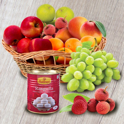 Scrumptious Fresh Fruits Basket with Haldiram Rasgulla Scrumptious Fresh Fruits Basket with Haldiram Rasgulla