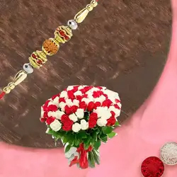 Glowing Marvel Red N White Roses Premium Bouquet with Rakhi Glowing Marvel Red N White Roses Premium Bouquet with Rakhi
