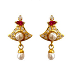 Bell Shaped Pink Stone and AD Studded Fresh Water Pearl Earring Set Bell Shaped Pink Stone and AD Studded Fresh Water Pearl Earring Set