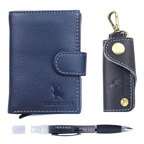HIDE & SKIN Men's Leather Card Holder; Black Formal Belt; and Keychain  Combo Box GIFT BOX - Hide and Skin