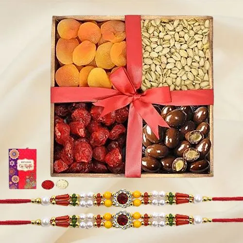 Charming Rakhi Pair with Dried Fruit Tray, Rakhi Card N Roli Tika