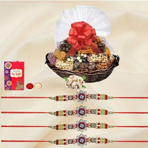 Fabulous Rakhi Love for 4 with Assorted Dry Fruits Basket