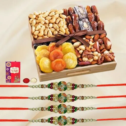 Classy Set of 4 Stone Rakhi with Assorted Dry Fruits Tray