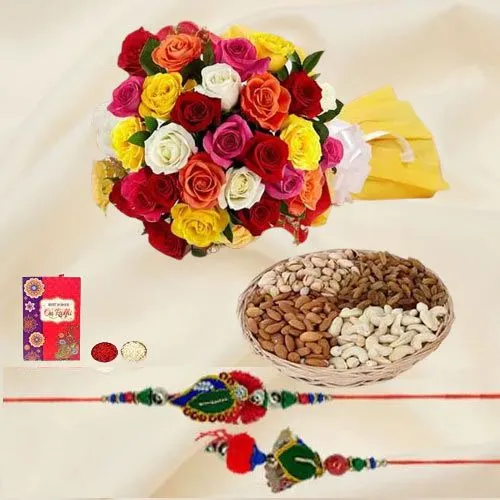 Impressive Lumba N Rakhi Set with Dry Fruits n Colorful Roses Bouquet