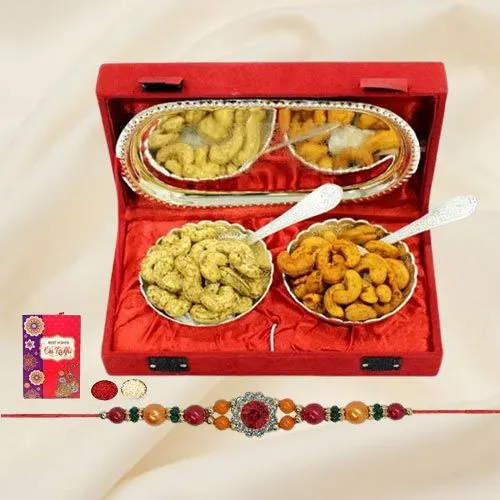 Graceful Stone Rakhi with Cashews in Silver Plated Bowl n Tray