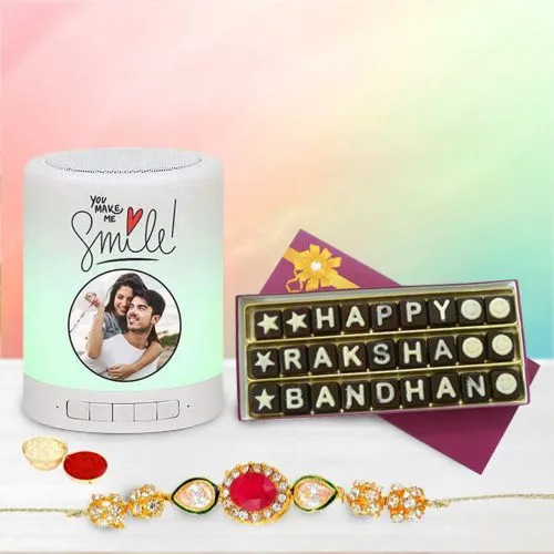 Attractive Stone Rakhi with Handmade Chocolates N Personalized Speaker