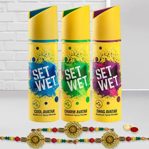 Beautiful Set of 3 Rakhi with Set Wet Deodorant Trio Pack