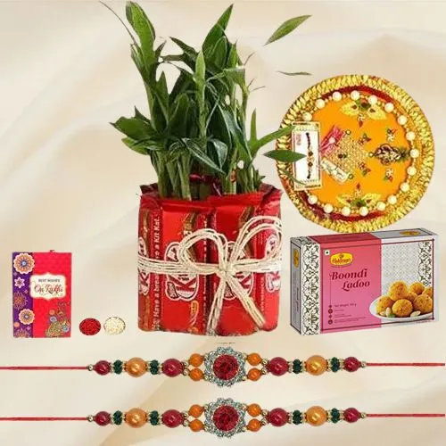 Classy Rakhi Set with Kitkat N Plat Arrangement, Sweets N Thali